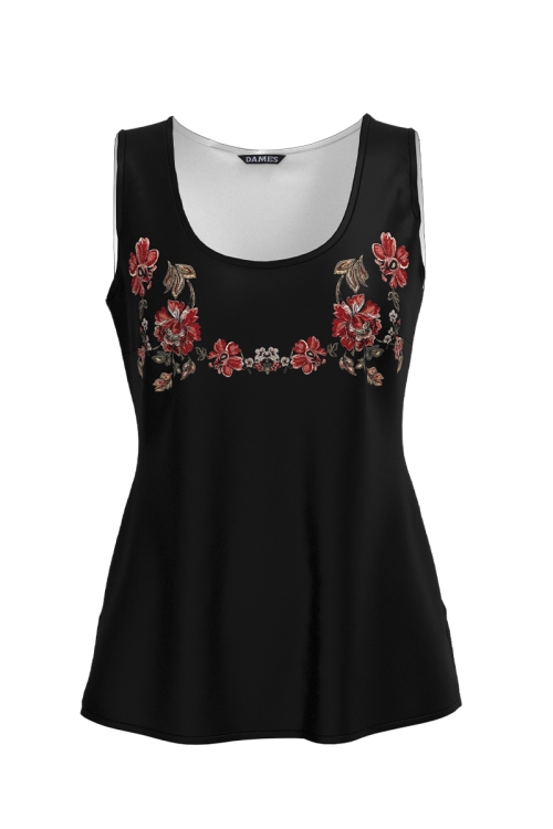 Top casual negru imprimat etnic floral SS25