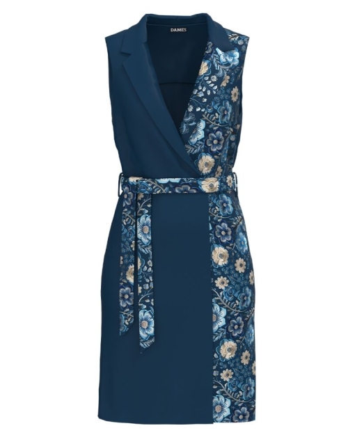 Vesta bleumarin cu revere si buzunare imprimata cu model floral CMD4828
