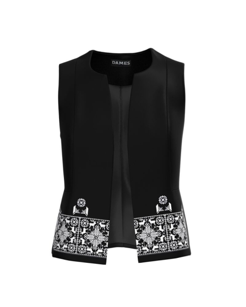 Vesta neagra imprimata cu motive traditionale.