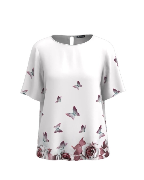 Bluza alba cu maneca scurta de vara imprimata flori si fluturi CMD748 - Img 7