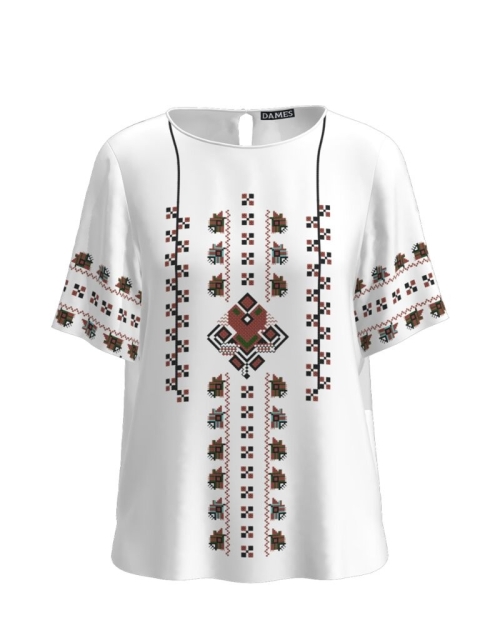 Bluza alba cu maneca scurta imprimata cu model traditional CMD4016