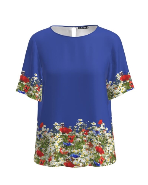 Bluza albastra cu maneca scurta imprimata flori de camp CMD1557