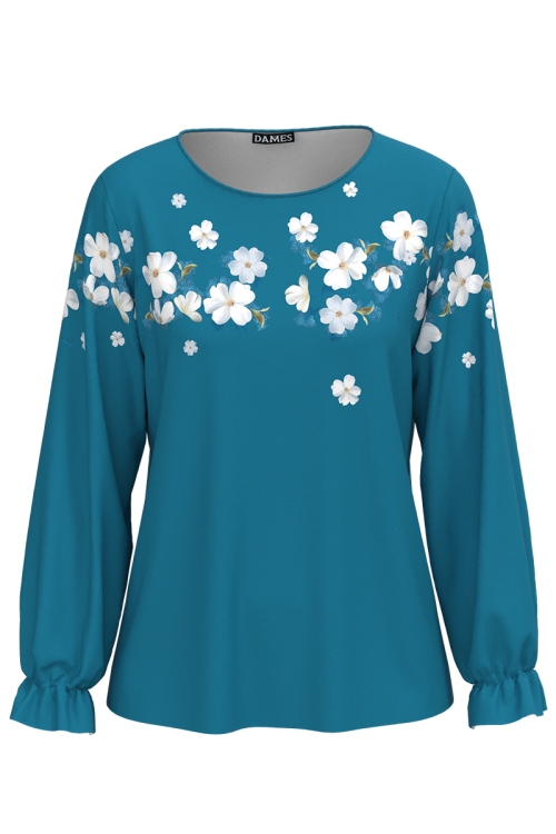 Bluza albastru marin cu maneca lunga imprimata floral SS25