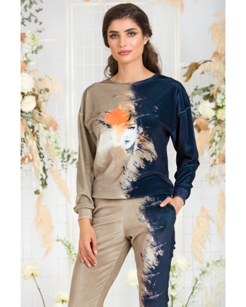 Bluza bej cu bleumarin tip hanorac din catifea CMD429 - Img 1