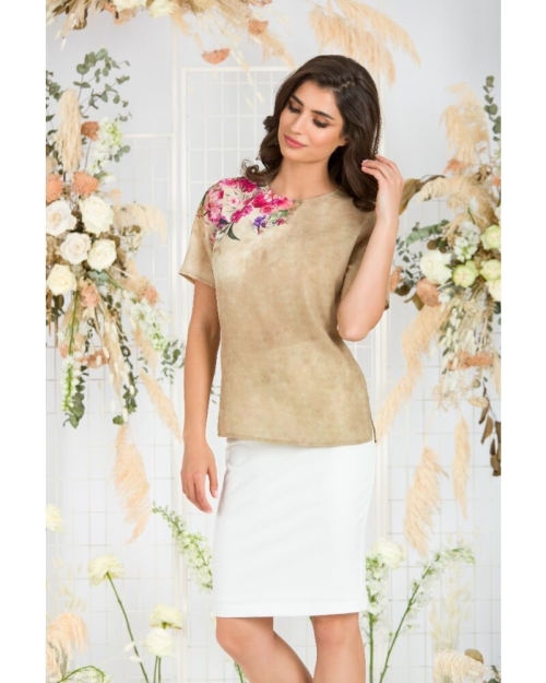 Bluza bej de vara cu maneca scurta si imprimeu floral CMD760 - Img 5