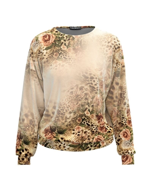 Bluza bej tip hanorac din catifea cu imprimeu floral trandafiri CMD1708