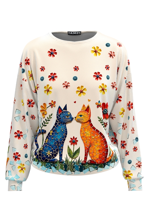 Bluza bej tip hanorac din catifea cu imprimeu pisicute
