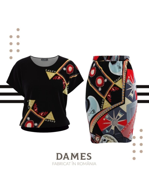 Bluza din catifea cu imprimeu multicolor si maneca scurta CMD686 - Img 2