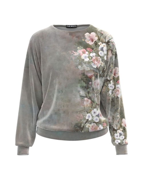 Bluza gri tip hanorac din catifea cu imprimeu floral CMD3506