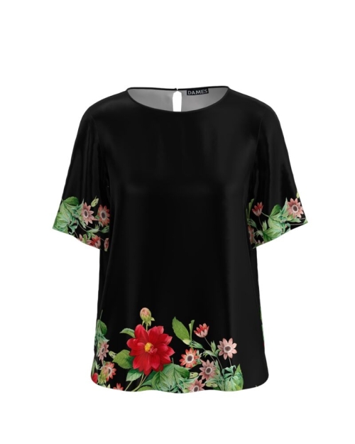 Bluza neagra de vara cu maneca scurta si imprimeu floral CMD764