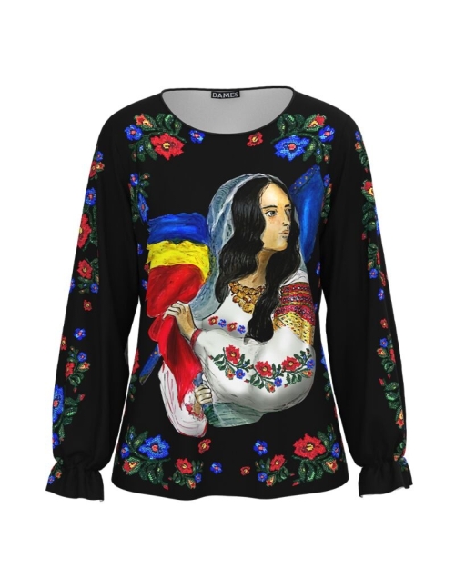Bluza neagra imprimata cu model Romancuta