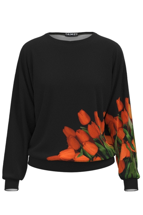 Bluza neagra tip hanorac din catifea cu imprimeu Lalele oranj CMD4184 - Img 2