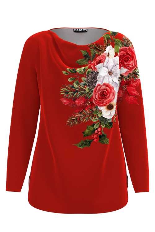 Bluza rosie din catifea cu imprimeu floral