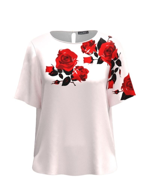 Bluza roz pal cu maneca scurta imprimata trandafiri CMD5053 - Img 1
