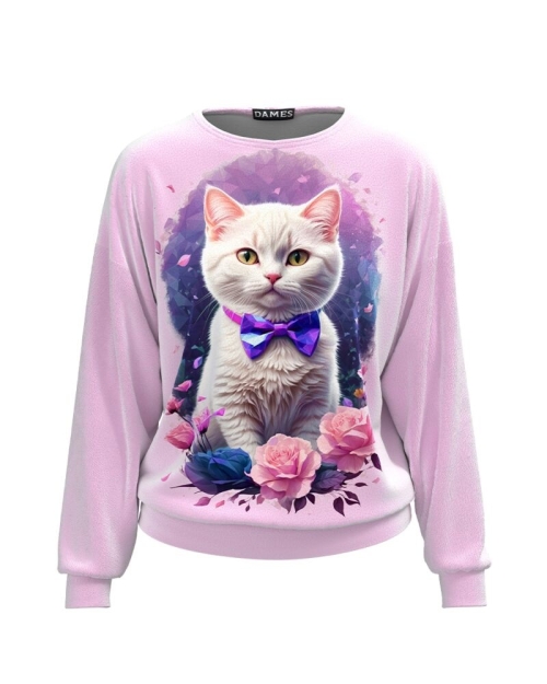 Bluza roz tip hanorac din catifea cu imprimeu Pisica CMD4980 - Img 1
