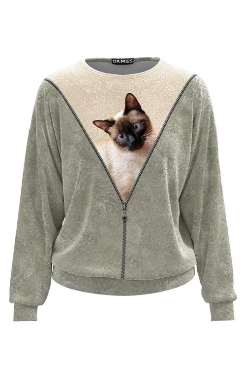 Bluza tip hanorac din catifea cu imprimeu Pisica CMD3796 - Img 2