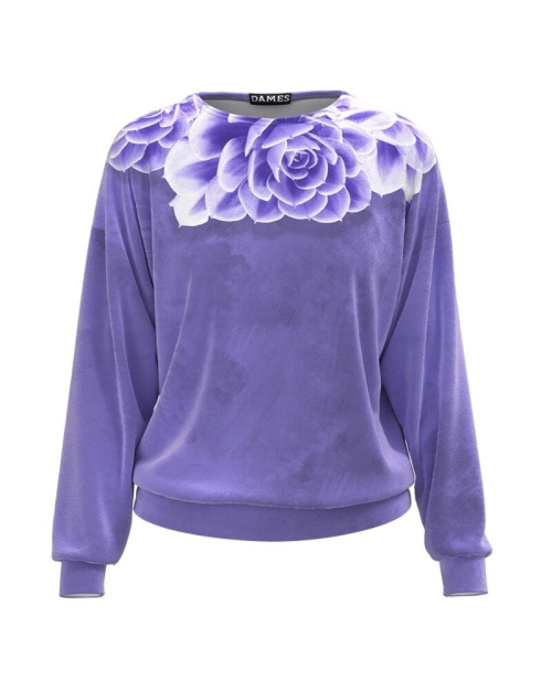 Bluza violet tip hanorac din catifea cu imprimeu floral CMD1741