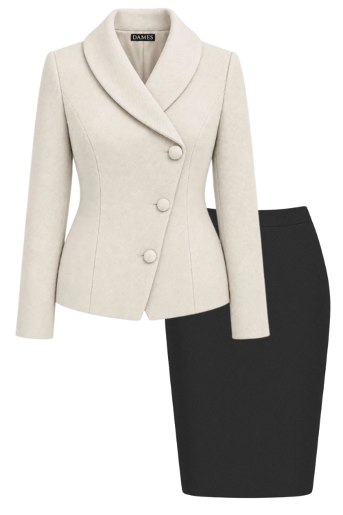 Costum cu sacou asimetric ivory si fusta neagra din stofa groasa Noemi