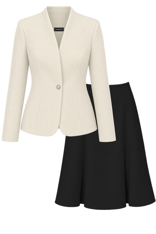 Costum cu sacou cambrat ivory si fusta in clini neagra din stofa groasa Noemi