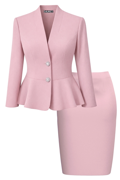 Costum dama roz sacou cu volan si fusta Clasic