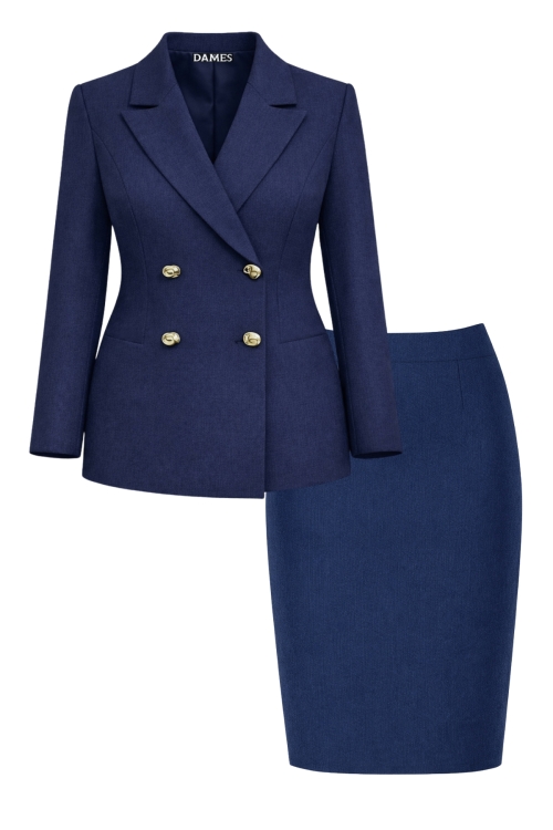 Costum dama sacou clasic si fusta bleumarin din stofa fina Valeria