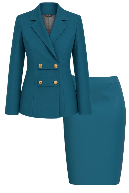 Costum elegant albastru turcoaz cu sacou military si fusta conica