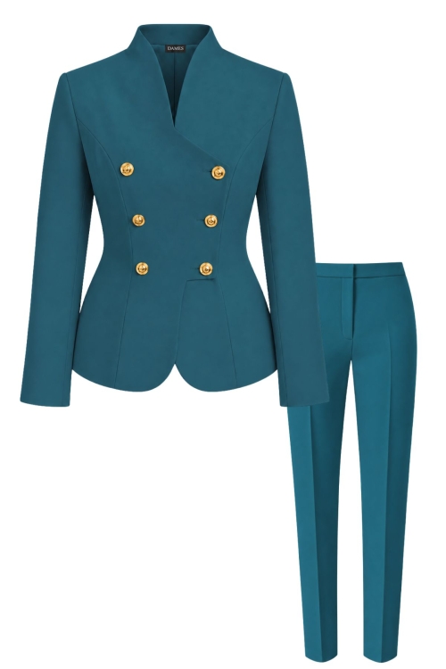 Costum elegant premium albastru turcoaz cu sacou asimetric si pantaloni conici