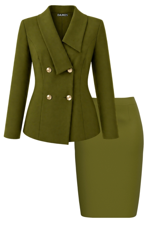 Costum elegant sacou cu rever asimetric si fusta conica verde oliva