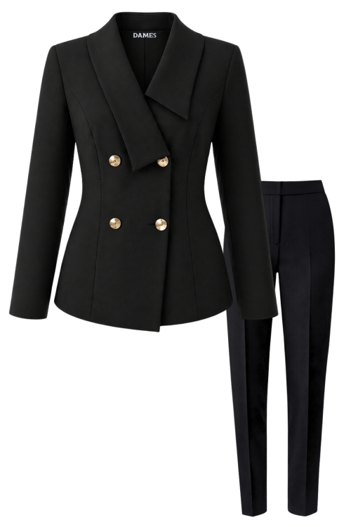 Costum elegant sacou cu rever asimetric si pantalon conic negru