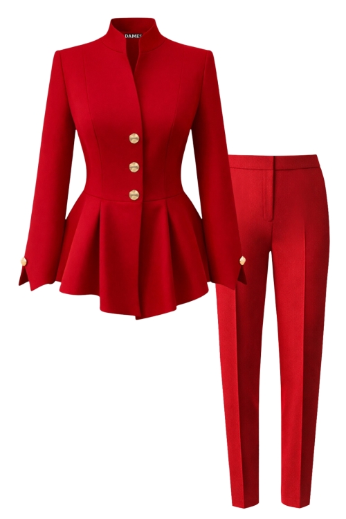 Costum elegant sacou premium rosu cu maneci despicate si pantalon conic rosu