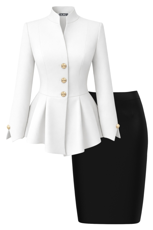 Costum premium fusta neagra si sacou alb cu maneca despicata