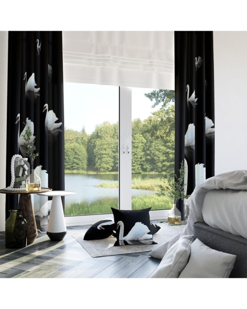 Draperie neagra din satin imprimata cu model Lebede CMD1883 - Img 1