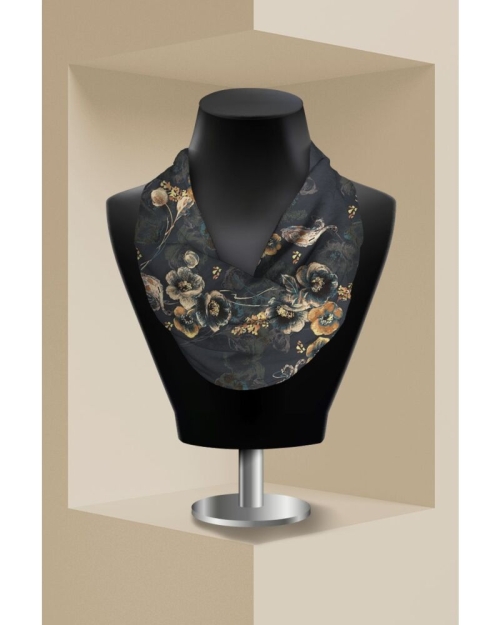 Esarfa circulara din catifea,antracit imprimata cu model floral CMD1545