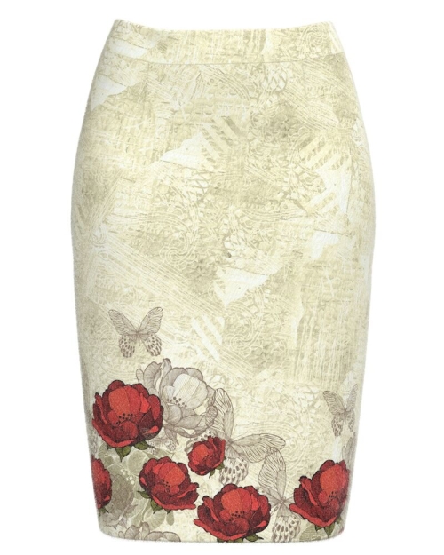 Fusta conica groasa in nuante de bej imprimata cu model floral CMD3263