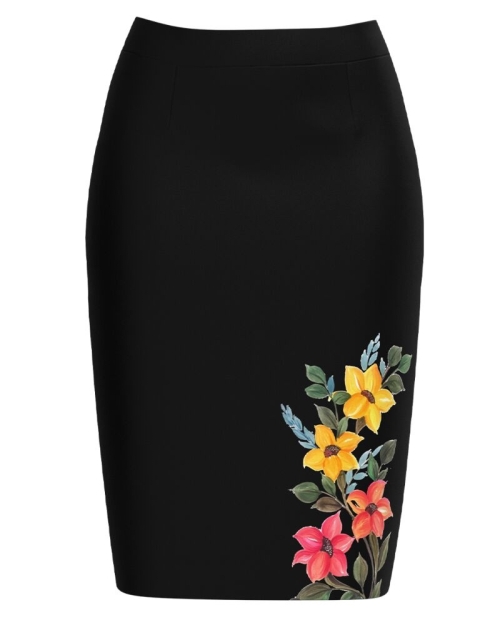 Fusta conica neagra imprimata cu model floral CMD3879