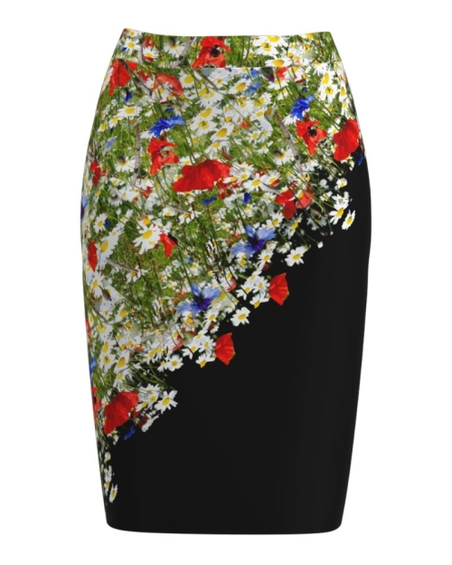 Fusta conica neagra imprimata cu model Flori de camp CMD994