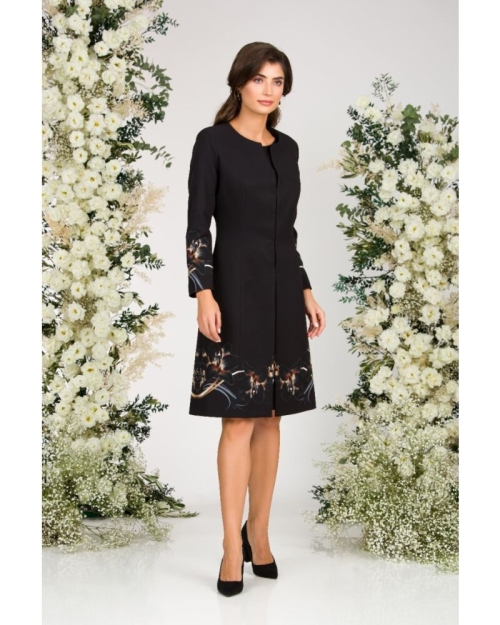 Jacheta de dama lunga, neagra imprimata cu model floral crini - Img 3