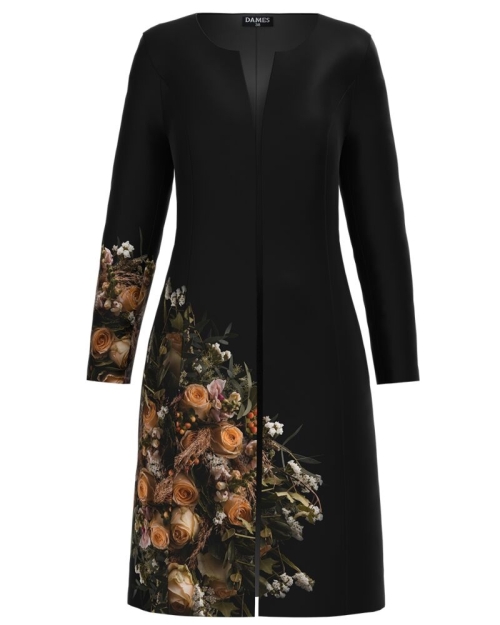 Jacheta de dama lunga, neagra imprimata cu model floral trandafiri CMD1173 - Img 1