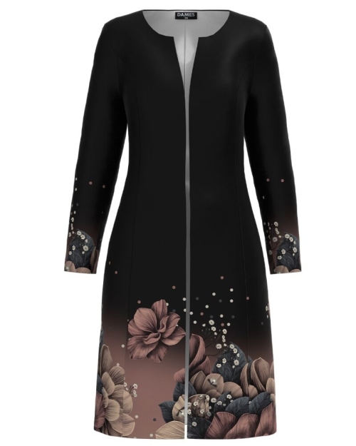 Jacheta neagra de dama lunga imprimata cu model floral CMD3180 - Img 1