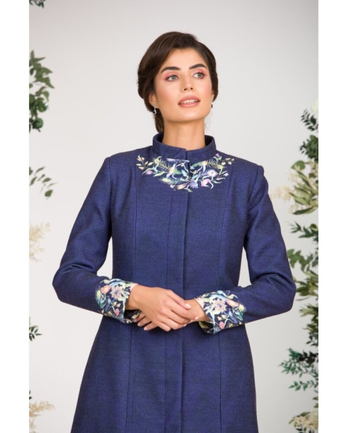 Palton dama bleumarin lung si calduros imprimat Floral CMD1458 - Img 4
