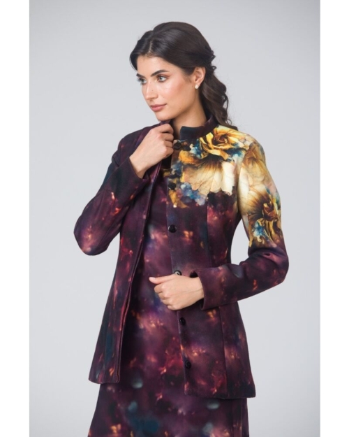 Palton dama in nuante de mov visiniu elegant si calduros imprimat Floral CMD4713 - Img 4