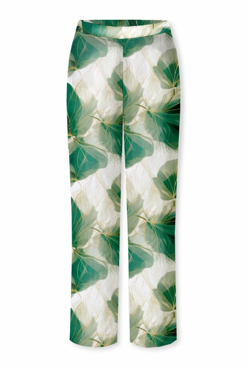 Pantaloni drepti din crepe imprimati Frunze Tropicale