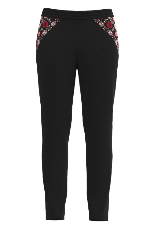 Pantaloni negri imprimati traditional din catifea cu buzunare