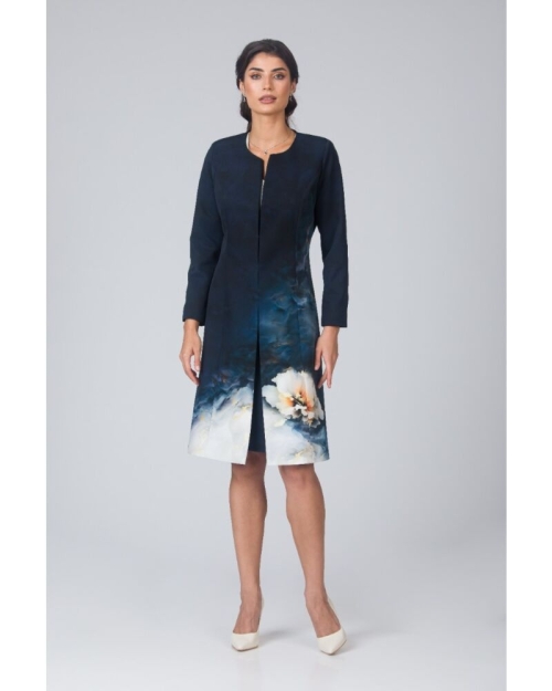 Pardesiu subtire bleumarin in degrade imprimat Floral - Img 1