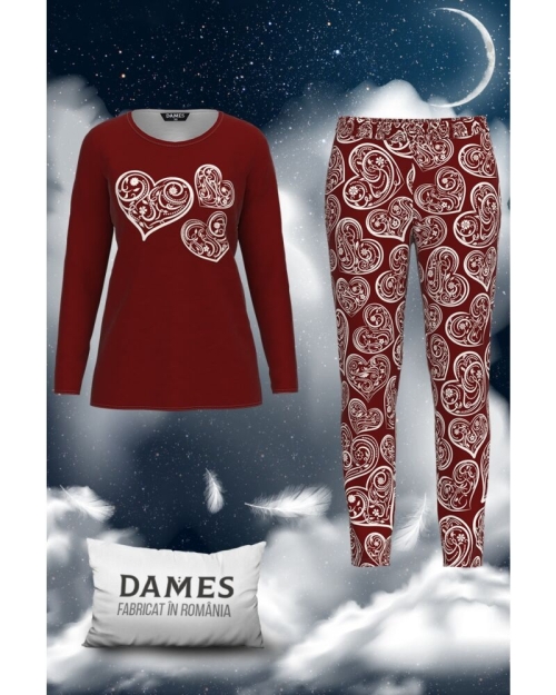 Pijamale de dama grena cu imprimeu inimi CMD1846