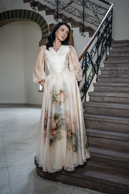 Rochia ivory din organza cu imprimeu floral - Img 3
