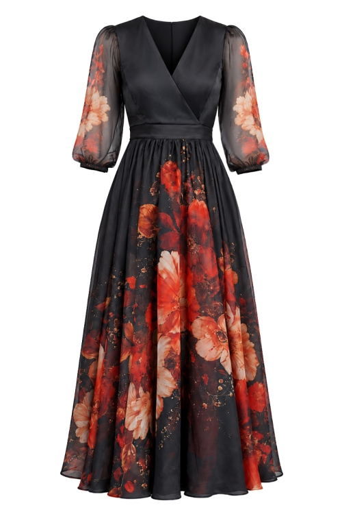 Rochia neagra din organza cu imprimeu floral