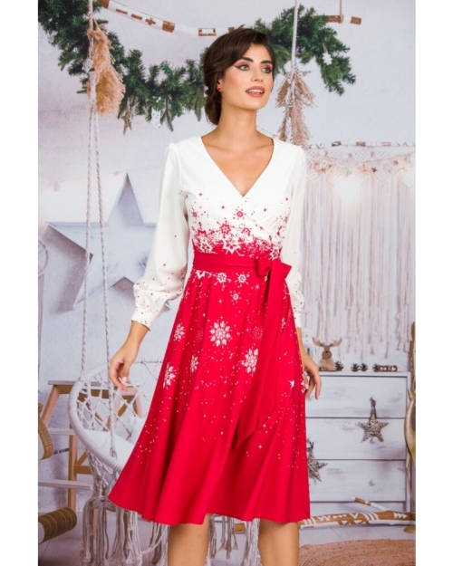 Rochie alb rosu eleganta imprimata Fulgi de zapada CMD1505 - Img 2