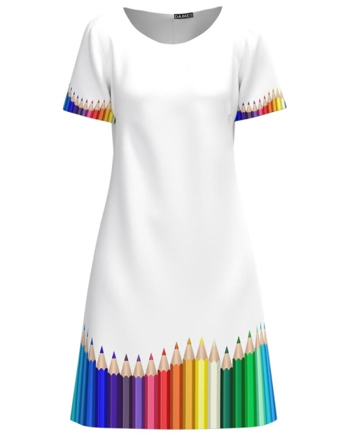 Rochie alba casual de vara cu maneca scurta Creioane colorate CMD4592 - Img 1
