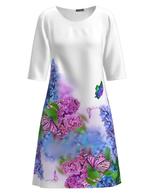 Rochie alba casual imprimata flori de liliac CMD1256